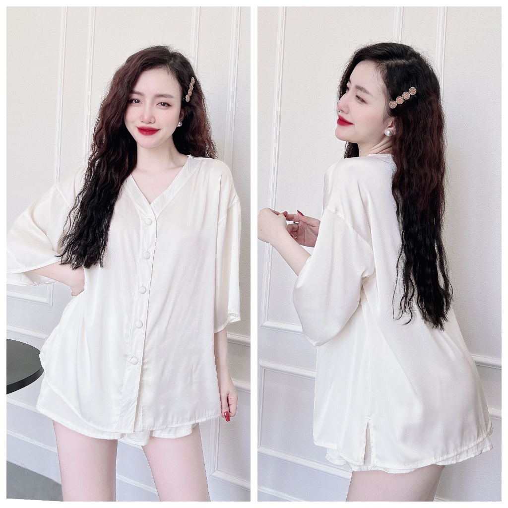 Đồ ngủ nữ Olici bộ lụa mặc nhà bigsize quần đùi tay lỡ chất liệu cao cấp thoáng mát