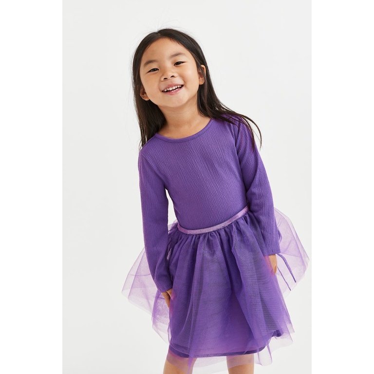 Đầm thun phối voan dài tay hàng H&M xuất