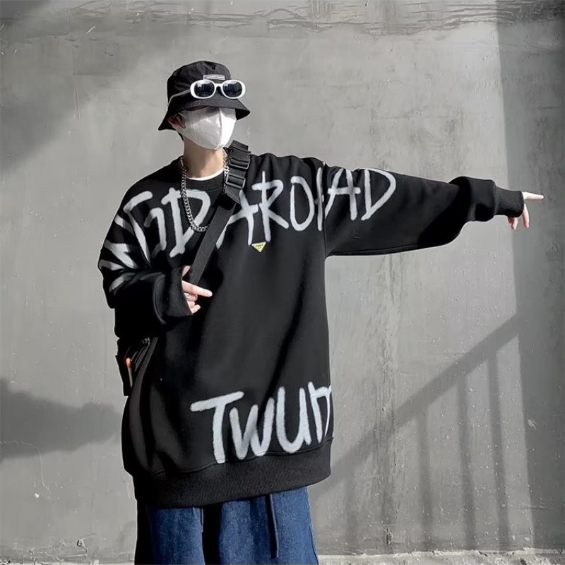 Áo sweater SINRANSINYA cổ tròn in chữ phong cách đường phố Mỹ thời trang cho nam