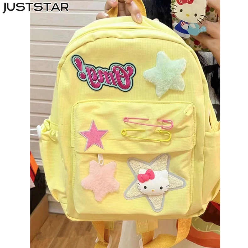 JUST STAR Balo nữ just star màu kem ngôi sao màu vàng túi đi học màu hồng và trắng tương phản kết cấu dễ thương balo dung tích lớn