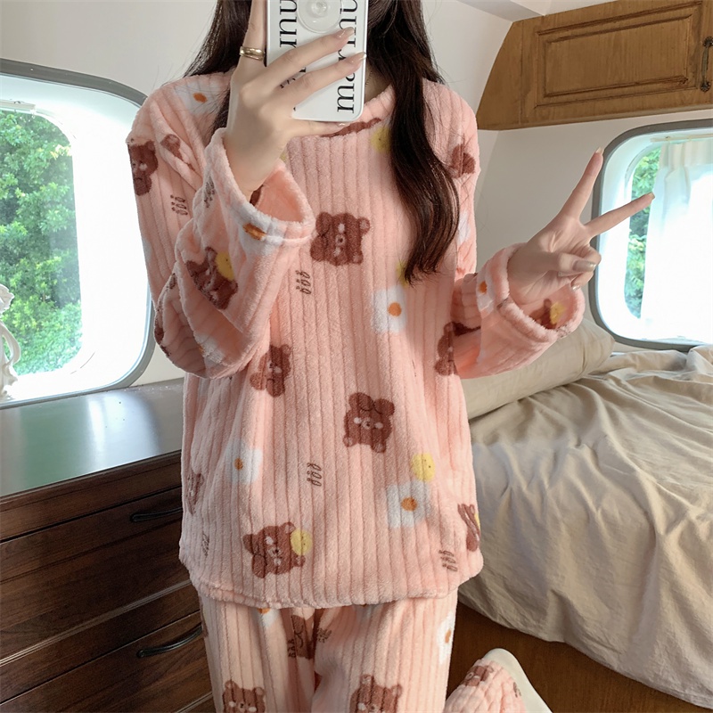 Autumn and Winter new cartoon warm coral fleece pajamas suit female MC ornament 7WBM