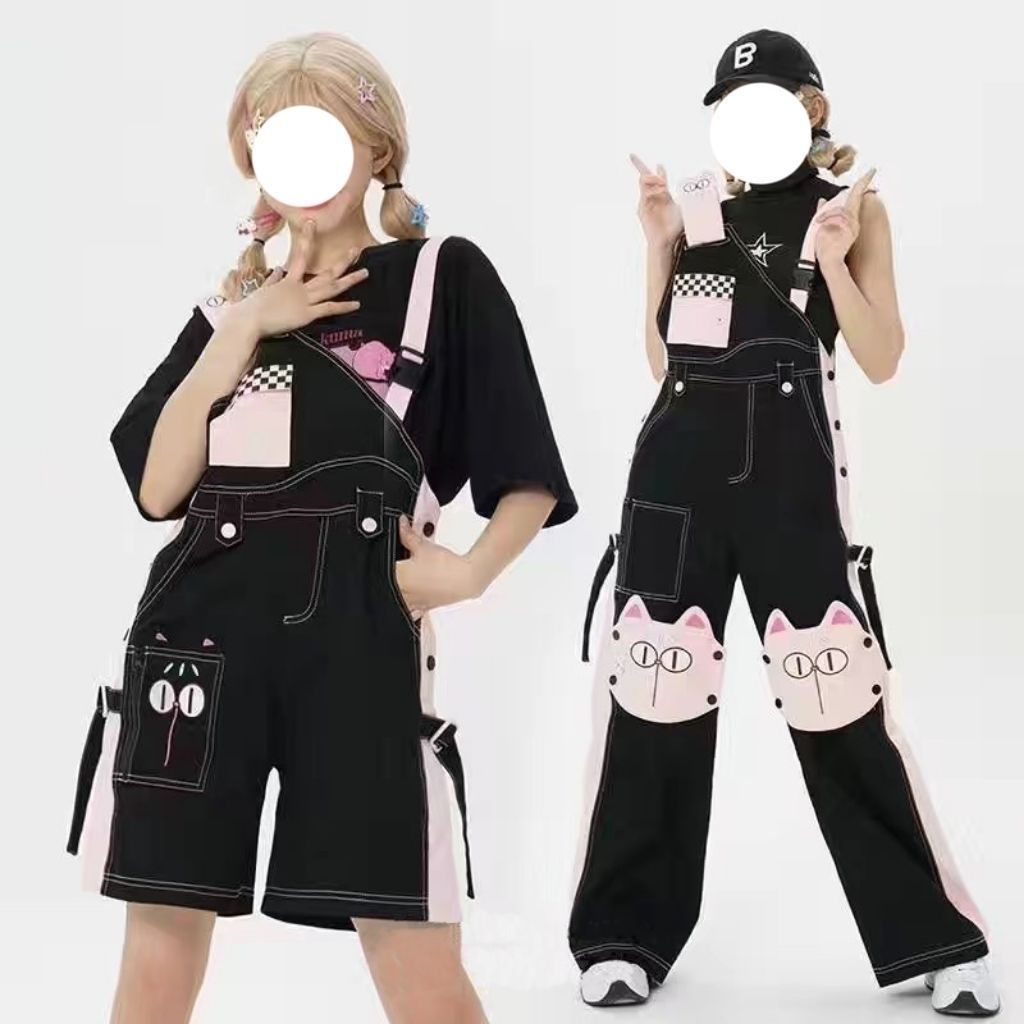 Mùa hè đen hồng yếm quần hai-mảnh phù hợp với bạn gái trang phục yếm dễ thương quần short denim cô gái nhật bản người đàn ông nhỏ