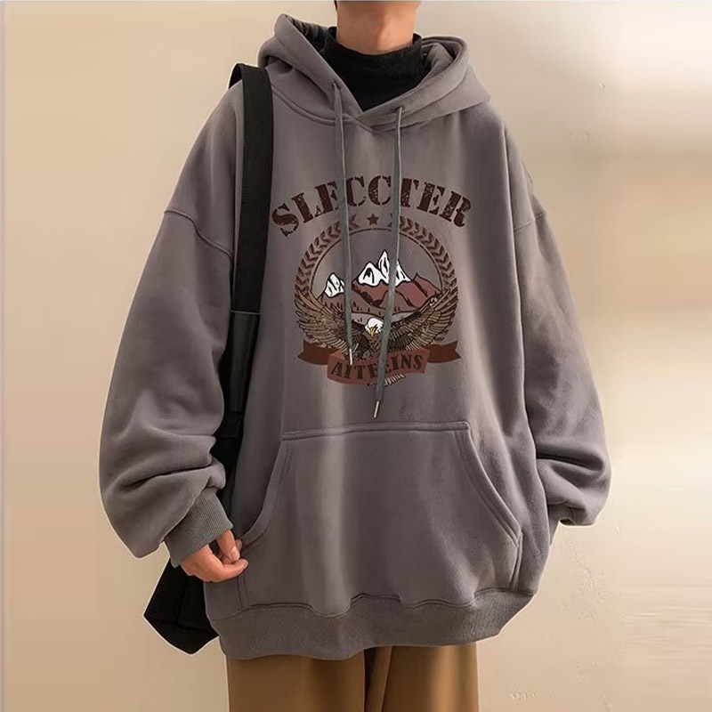 Áo sweater nam ESEA có mũ trùm đầu tay dài dáng rộng in hình núi tuyết retro kiểu Mỹ thời trang thu đông