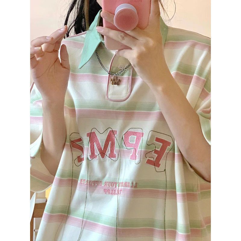 Áo polo Ngắn Tay Dáng Rộng Họa Tiết Kẻ Sọc Màu Tương Phản Thời Trang Mùa Hè Cho Nữ