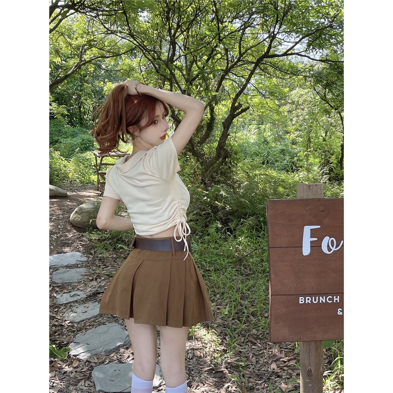 Áo Thun Ngắn Tay Cổ Vuông Thêu Chữ Thiết Kế Dây Rút Thời Trang Mùa Hè Mới Cho