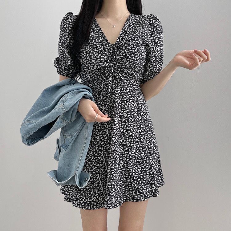 Bộ Đồ Hóa Trang Cô Gái Ngày Tháng Tư Xinh Xắn|Đầm Chiffon Ngắn Dáng Ôm Tay Phồng Cổ Chữ V Họa Tiết Chấm Bi Phối Dây Rút Phong Cách Hàn Quốc Thời Trang Mùa Hè Cho Nữ
