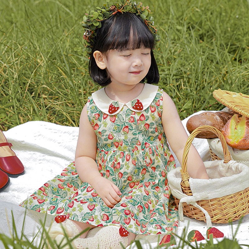 Hàng Có Sẵn Đầm Sát Nách Thêu Hình Dâu Tây Mùa Hè Phong Cách Hàn Quốc Cho Bé Gái