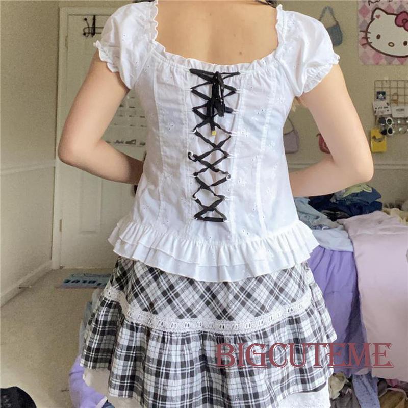 [] Áo Thun Ngắn Tay Cổ Chữ U Thắt Nơ Sau Lưng Phong Cách Ngọt Ngào Cho Nữ