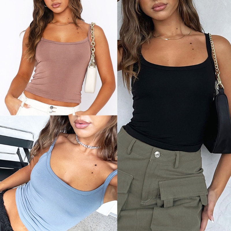 Áo Croptop Hai Dây Cổ Chữ U Màu Sắc Trơn Thời Trang Cho Nữ