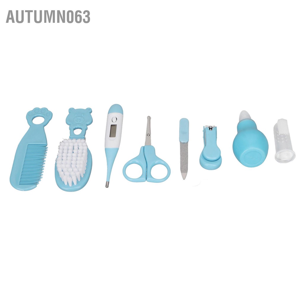 Autumn063 Bộ chăm sóc sức khỏe cho bé 8 chiếc trẻ sơ sinh kèm bàn chải tóc Bấm móng tay màu xanh