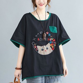 Áo Thun Cotton Plus Size Form Rộng Họa Tiết Thêu Theo Phong Cách Retro Cho Nữ