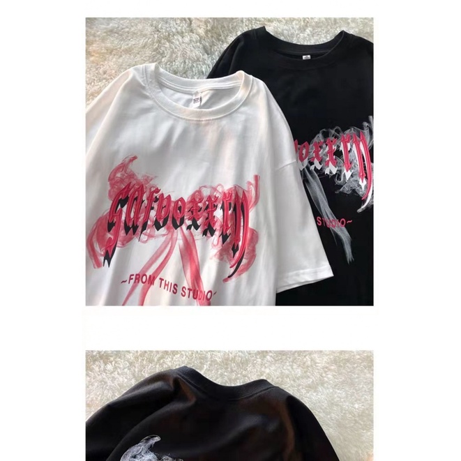 Áo Thun Tay Ngắn Dáng Rộng In Chữ Thắt Nơ Phong Cách Đường Phố Hong Kong Cho Nữ