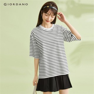 Áo thun GIORDANO 13323401 tay dài đến khuỷu phối sọc màu tương phản cho nữ