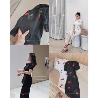 Váy len hoa nổi vai bồng 