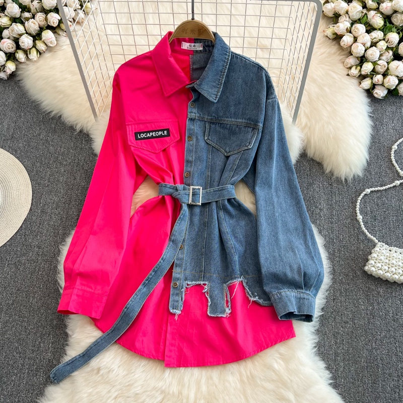 Đầm Sơ Mi Denim Tay Dài Cổ Bẻ Phối Thắt Lưng Thời Trang Xuân Hè Hàn Quốc Cho Nữ