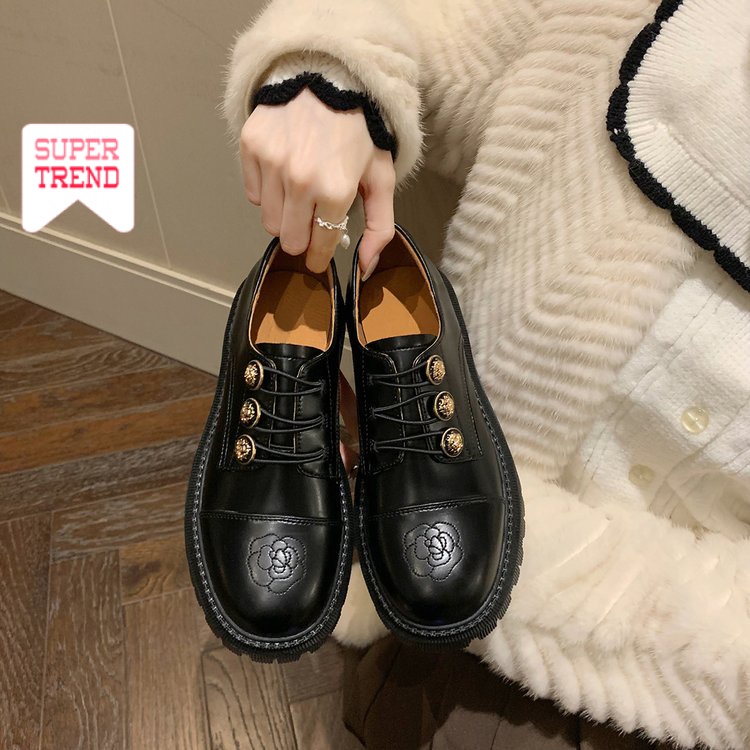 Giày Mũi Tròn Cột Dây Màu Trơn Phong Cách Thời Trang Anh Quốc Cổ Điển