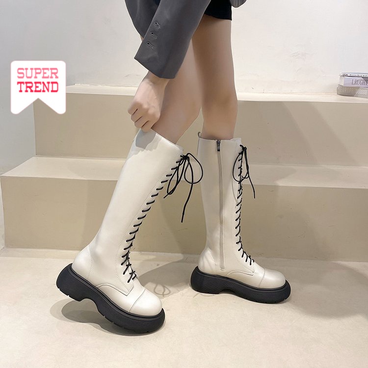 Giày Bốt Cổ Cao Mũi Tròn Cột Dây Phía Trước Buộc Dây Bên Hông Phong Cách Retro Hợp Thời Trang