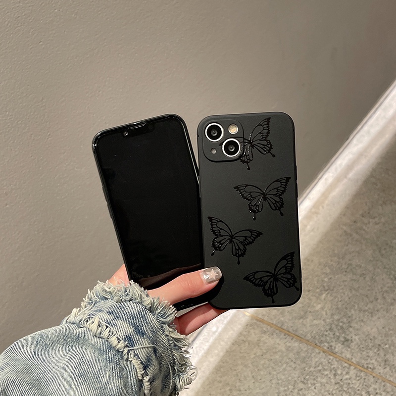 Ốp Điện Thoại Màu Đen Họa Tiết Bươm Bướm Thời Trang Cho iPhone 14 7 8 Plus 11 X XS 12 XR 13 Pro Max