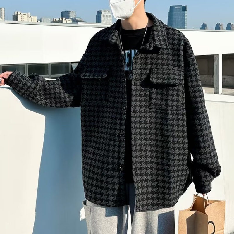 Áo Khoác Sơ Mi Nam Dài Tay Dáng Rộng Họa Tiết Caro Phong Cách Retro