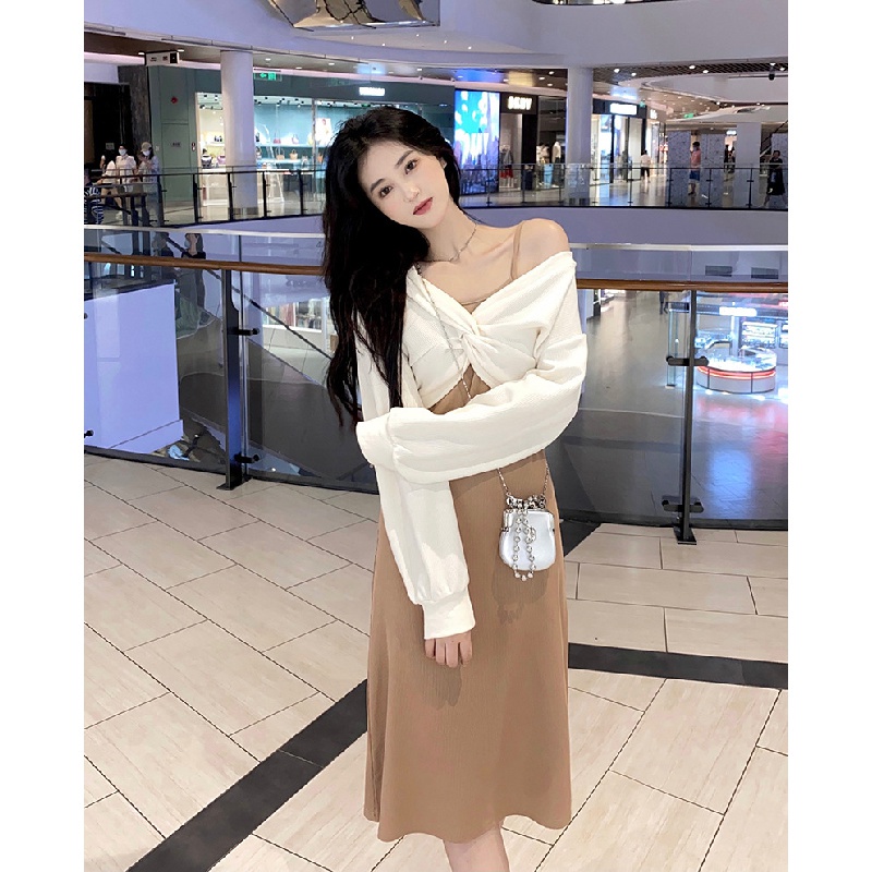 Bộ đồ nữ phong cách Hàn Quốc Bộ đồ hai mảnh giản dị phù hợp với áo len nữ thiết kế mùa thu Phong cách Hồng Kông retro Phong cách Hồng Kông cẩn thận máy đầm ngắn tay dài quây