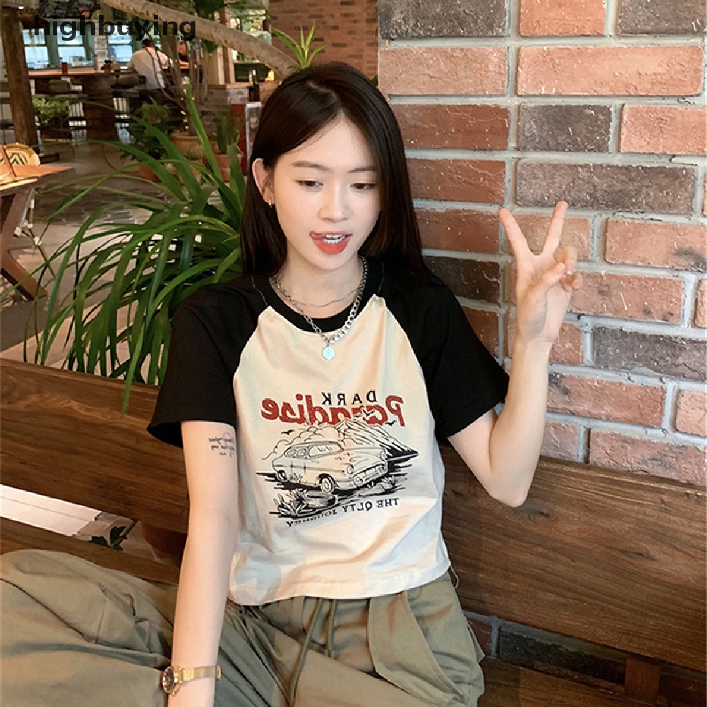 Áo Thun Lửng Ngắn Tay Cổ Tròn In Họa Tiết Phong Cách Retro Mỹ