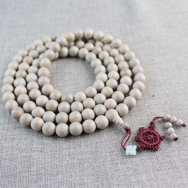 Chuỗi 108 Hạt Gỗ Đàn Hương Màu Trắng Dùng Làm Vòng Tay / Dây Chuyền