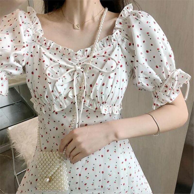 Đầm Hoa Tay Phồng Cổ Chữ v Màu Xanh Dương Phong Cách Đồng Quê Pháp Thời Trang Xuân Hè 2023 Mới