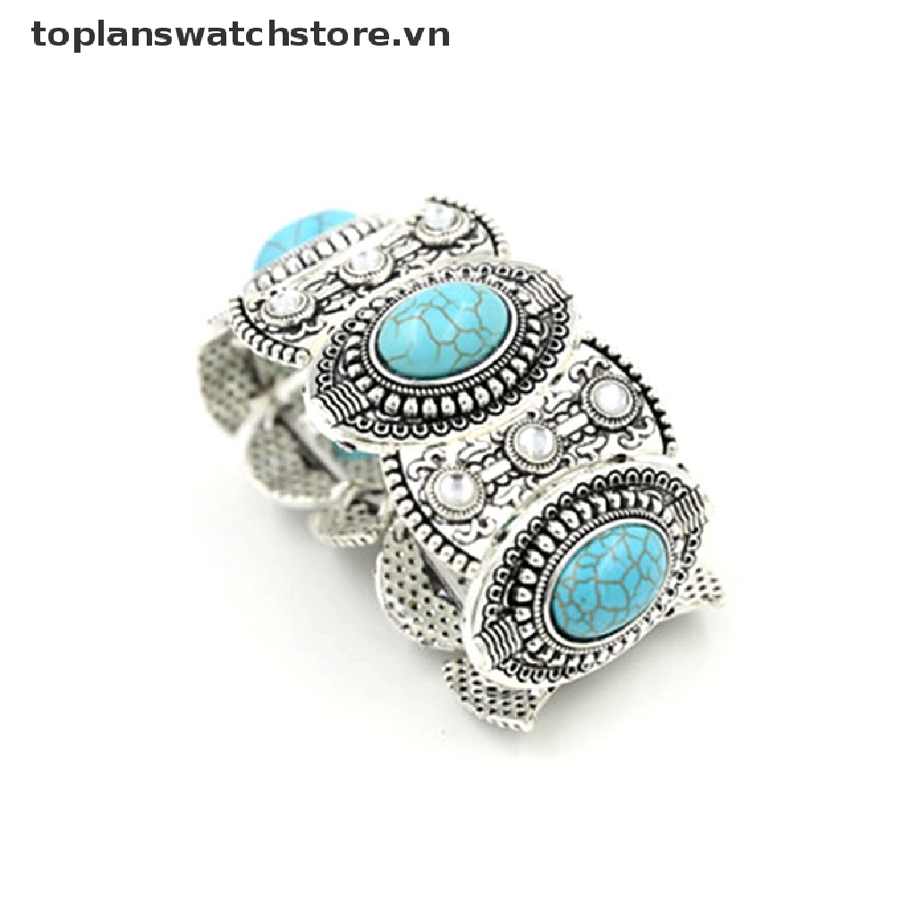 Vòng Tay Bạc Tây Tạng Đính Đá Ngọc Lam Tự Nhiên Phong Cách Boho Cổ Điển Cho Nữ