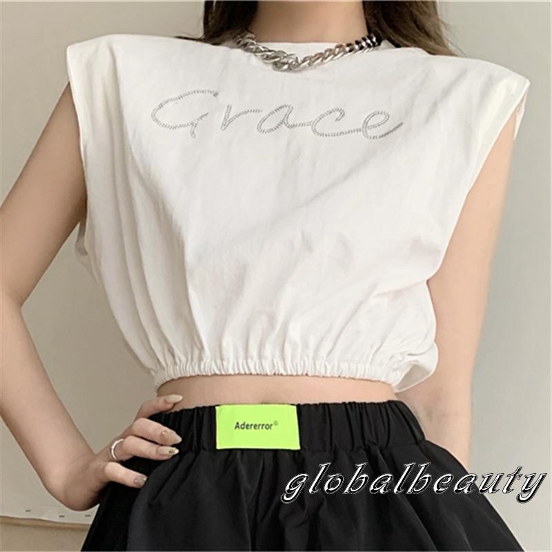 Áo Croptop Sát Nách Cổ Tròn Dáng Rộng In Chữ Đính Đá 00GB Cho Nữ