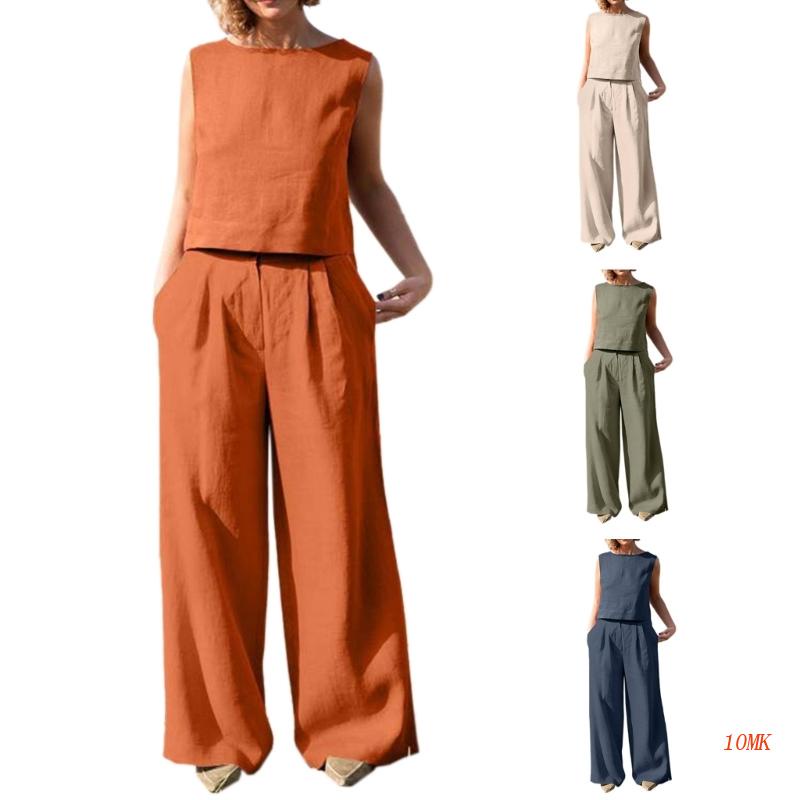 Set Áo Tank Top Cổ Tròn + Quần Dài Thời Trang Mùa Hè Cho Nữ