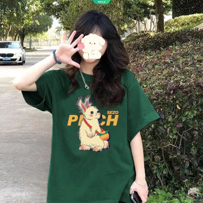 Áo Thun Tay Ngắn Dáng Rộng In Hình Thỏ Màu Xanh Lá Đậm Thời Trang Mùa Hè Hàn Quốc Mới 2023