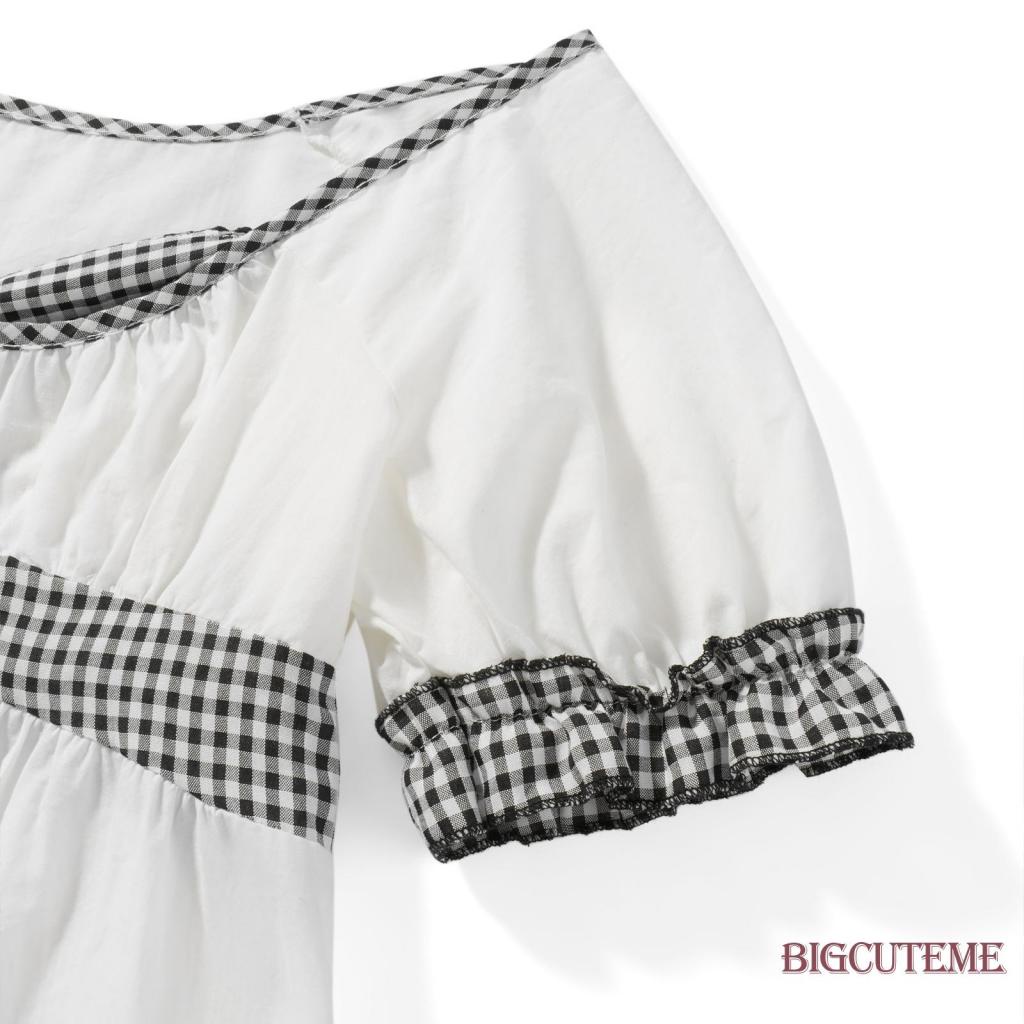 Áo Sơ Mi Tay Ngắn Phối Bèo Họa Tiết Sọc Caro Phong Cách Đường Phố Thời Trang Xuân Hè Cho Nữ