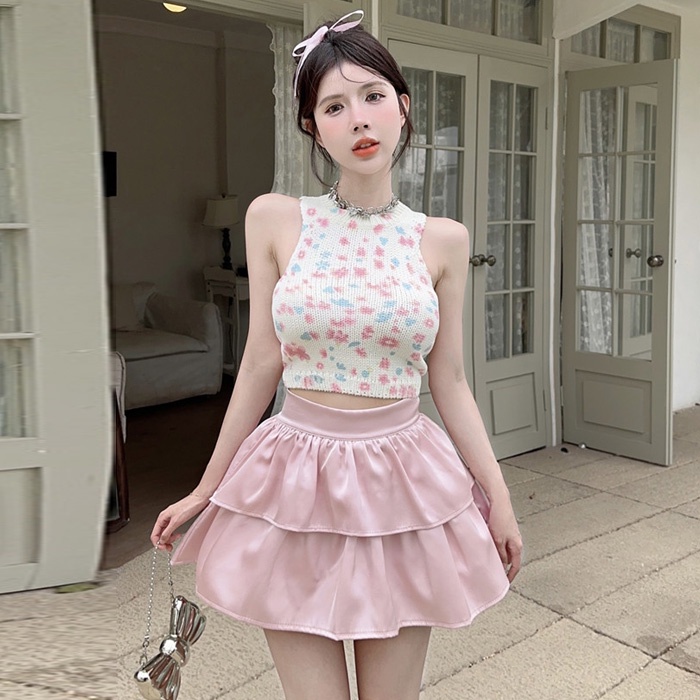 Gegejia Influencer Áo Dệt Kim Hoa Sát Nách + Chân Váy Ngắn Lưng Cao Xếp Tầng Thời Trang @