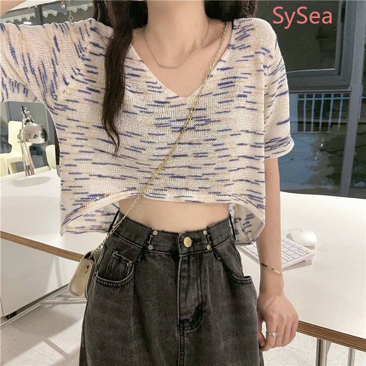 Áo Croptop Dệt Kim Kẻ Sọc Thời Trang Mùa Hè Cho Nữ