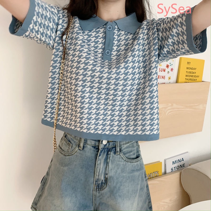 Áo Sơ Mi Dệt Kim Cổ Bẻ Sọc Ca Rô Thời Trang Hàn Quốc Cho Nữ