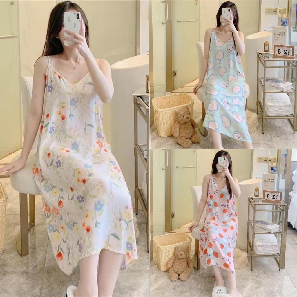 Đầm Ngủ Hai Dây Chất Lụa Cotton Phong Cách Hàn Quốc Dễ Thương Quyến Rũ Cho Nữ