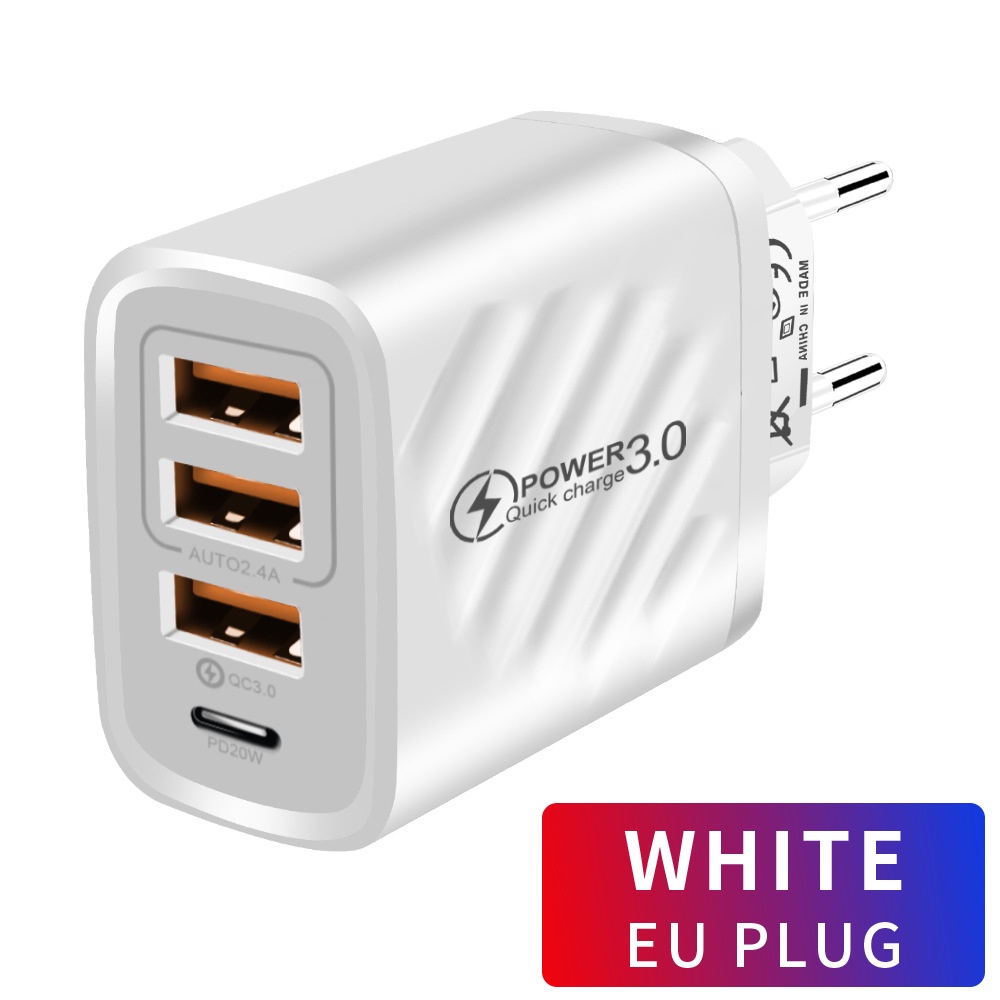 Cốc sạc nhanh QC 3.0 có 3 cổng USB+ 1 cổng PD phích cắm EU Củ sạc hỗ trợ sạc nhanh công suất 3A