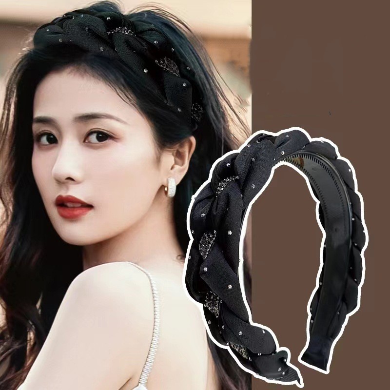 Băng Đô Dạng Lưới Thắt Bím Đính Đá Lấp Lánh Chống Trượt Cho Nữ