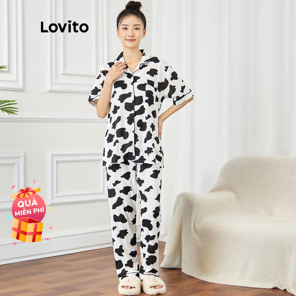 Đồ ngủ Lovito cài nút có túi in hình phong cách thường ngày L15X103 (xanh dương và trắng)