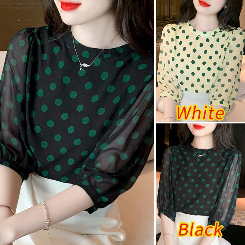 Zanzea Áo Nữ Tay 3 / 4 Họa Tiết Chấm Bi Phong Cách Hàn Quốc