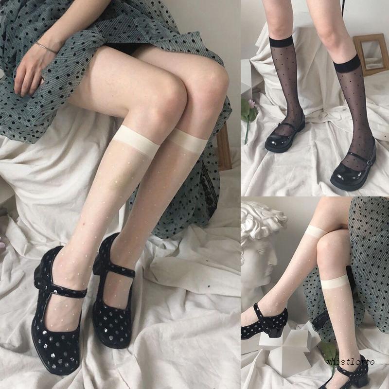 Whi Vớ Lưới Jacquard Xuyên Thấu Họa Tiết Chấm Bi Vintage Harajuku Gợi Cảm Mùa Hè Dài Đến Đầu Gối Cho Nữ