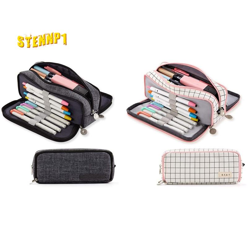 2 Túi Đựng Bút 3 Ngăn Bằng Vải Canvas Cỡ Lớn Màu Trắng / Đen / Hồng