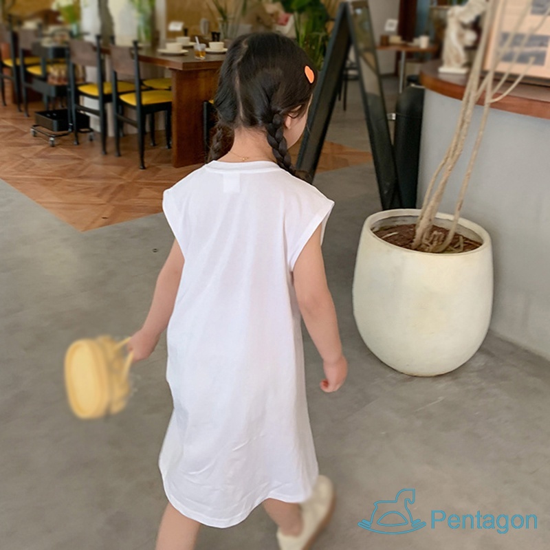 Đầm Thun Cotton Sát Nách Cổ Tròn In Chữ Thời Trang Mùa Hè Cho Bé Gái