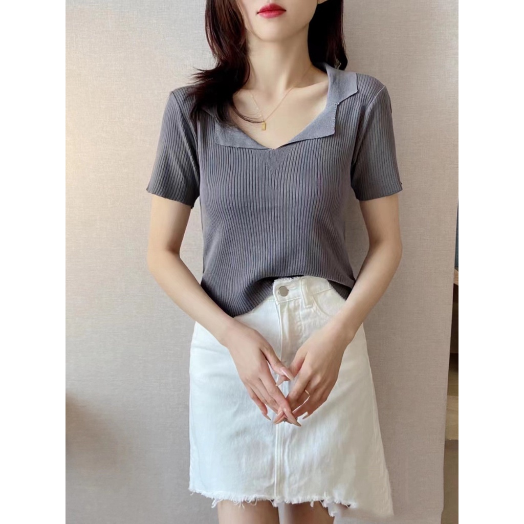 SUXI Áo polo Dệt Kim Tay Ngắn Cổ V Dáng Ôm Thiết Kế Đơn Giản Cho Nữ