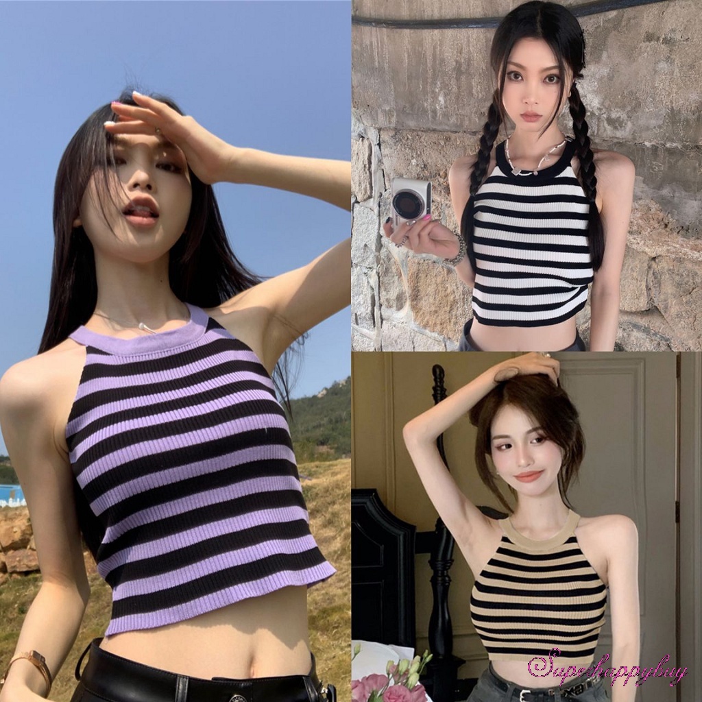 Áo Tank Top Dệt Kim Sát Nách Dáng Ôm In Họa Tiết Kẻ Sọc Thời Trang Mùa Hè Cho Nữ