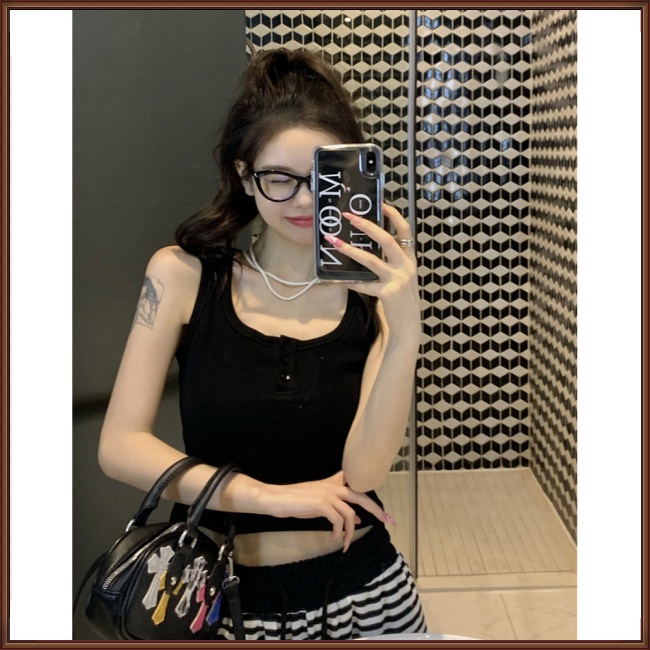 Áo Croptop Dệt Kim Không Tay Cổ Chữ U Màu Sắc Đơn Giản Cho Nữ