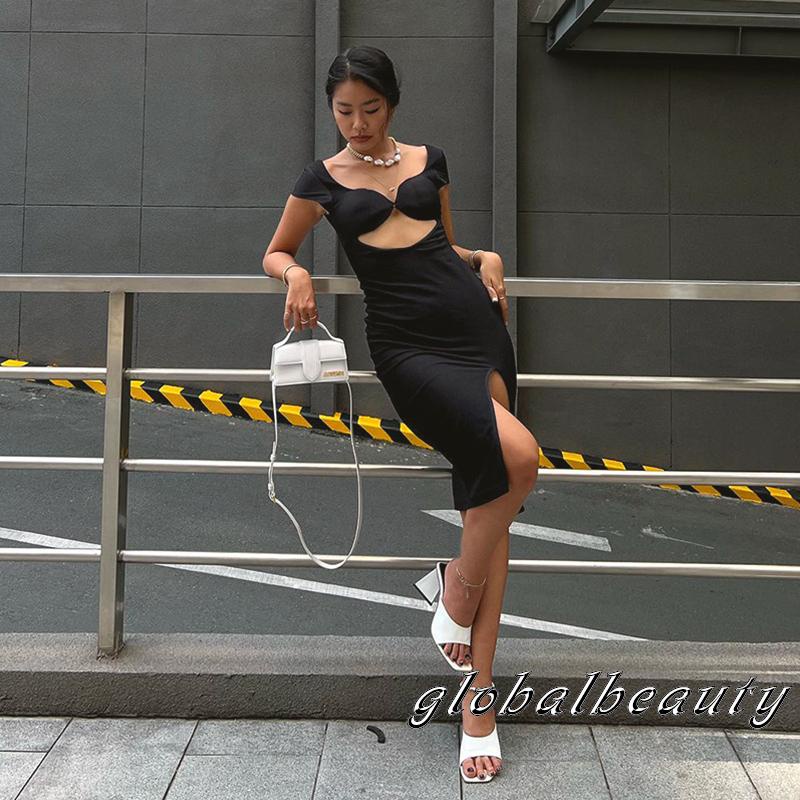 Đầm Tay Ngắn Hở Lưng Xẻ Tà Màu Sắc Thời Trang Dành Cho Nữ