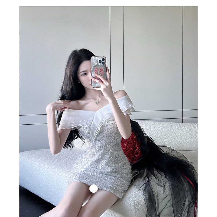 Đầm Trễ Vai Ôm Dáng Đính Kim Sa Lấp Lánh Thời Trang Cao Cấp