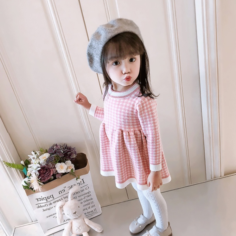 Đầm sweater Dệt Kim Tay Dài Kẻ Sọc Thời Trang Mùa Thu Cho Bé Gái