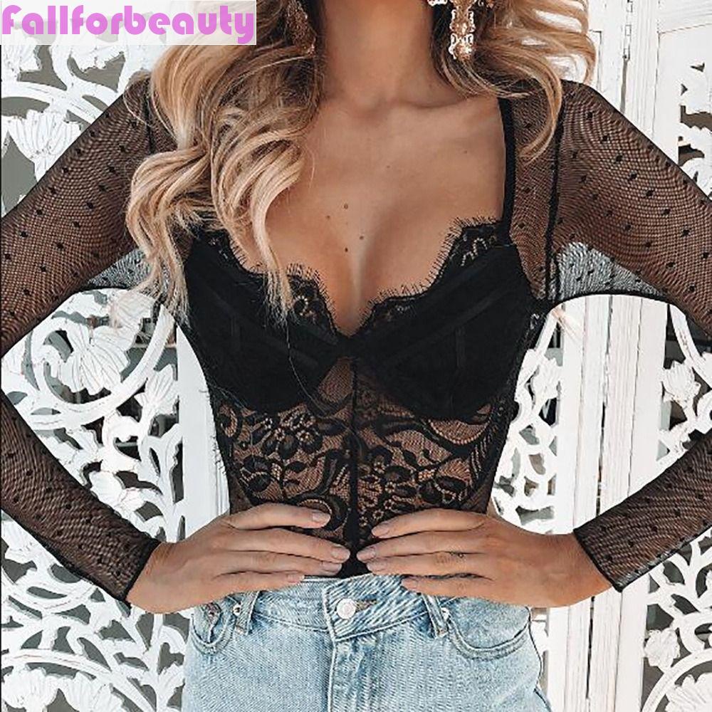 Bộ Áo Liền Quần Tay Dài Cổ Chữ V Phối Ren Lưới Mỏng Nhẹ In Họa Tiết Ngôi Sao Thời Trang Quyến Rũ Cho Nữ